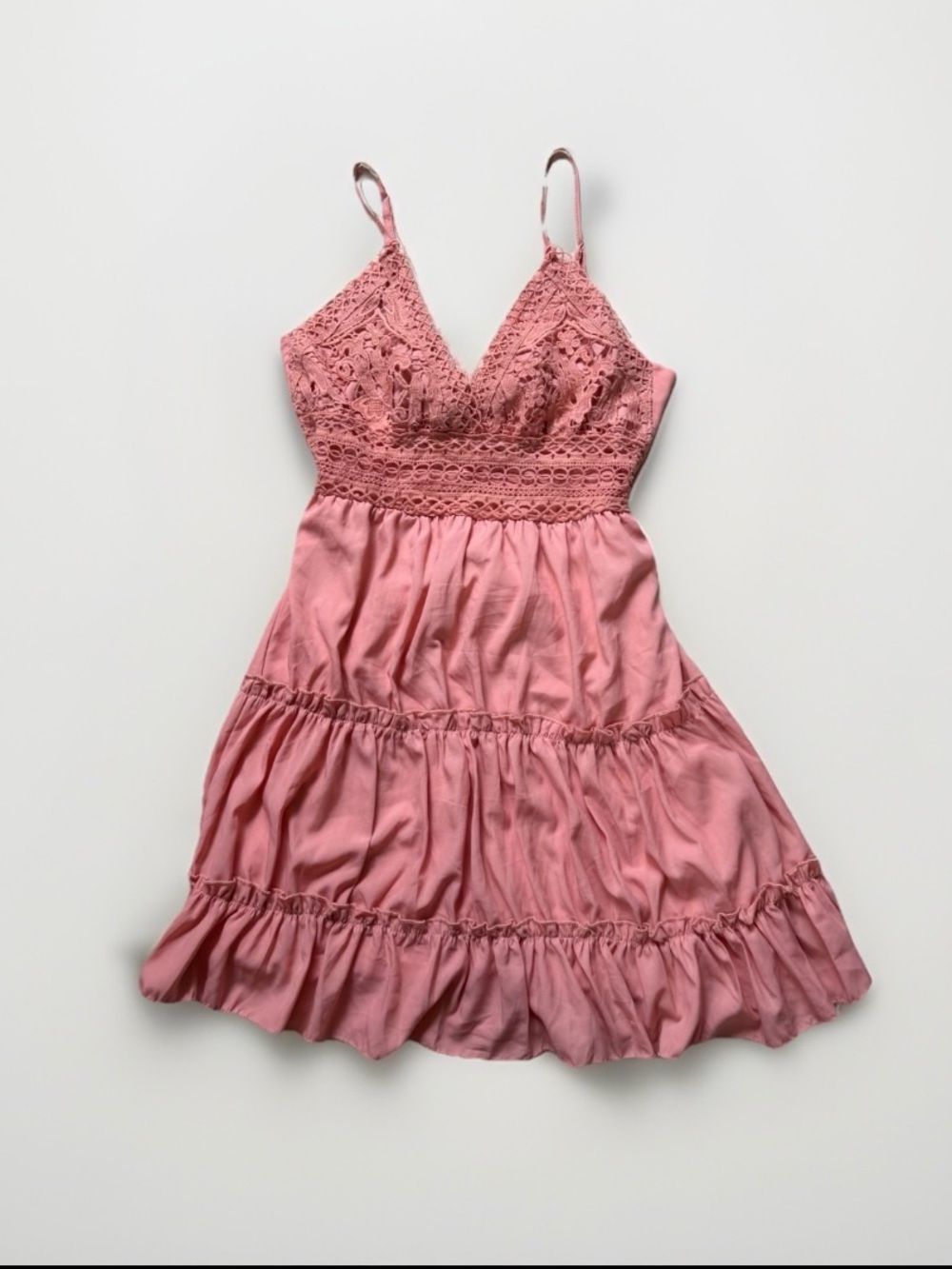NWT Mini Dress Pink Lace Crochet Romantic Cottagecore Tiered Ruffle Graduation S